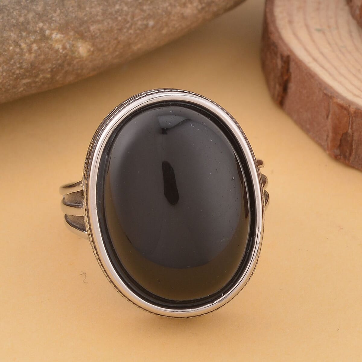 Black Obsidian Solitaire Ring in Stainless Steel (Size 7.0) 25.00 ctw , Tarnish-Free, Waterproof, Sweat Proof Jewelry image number 1