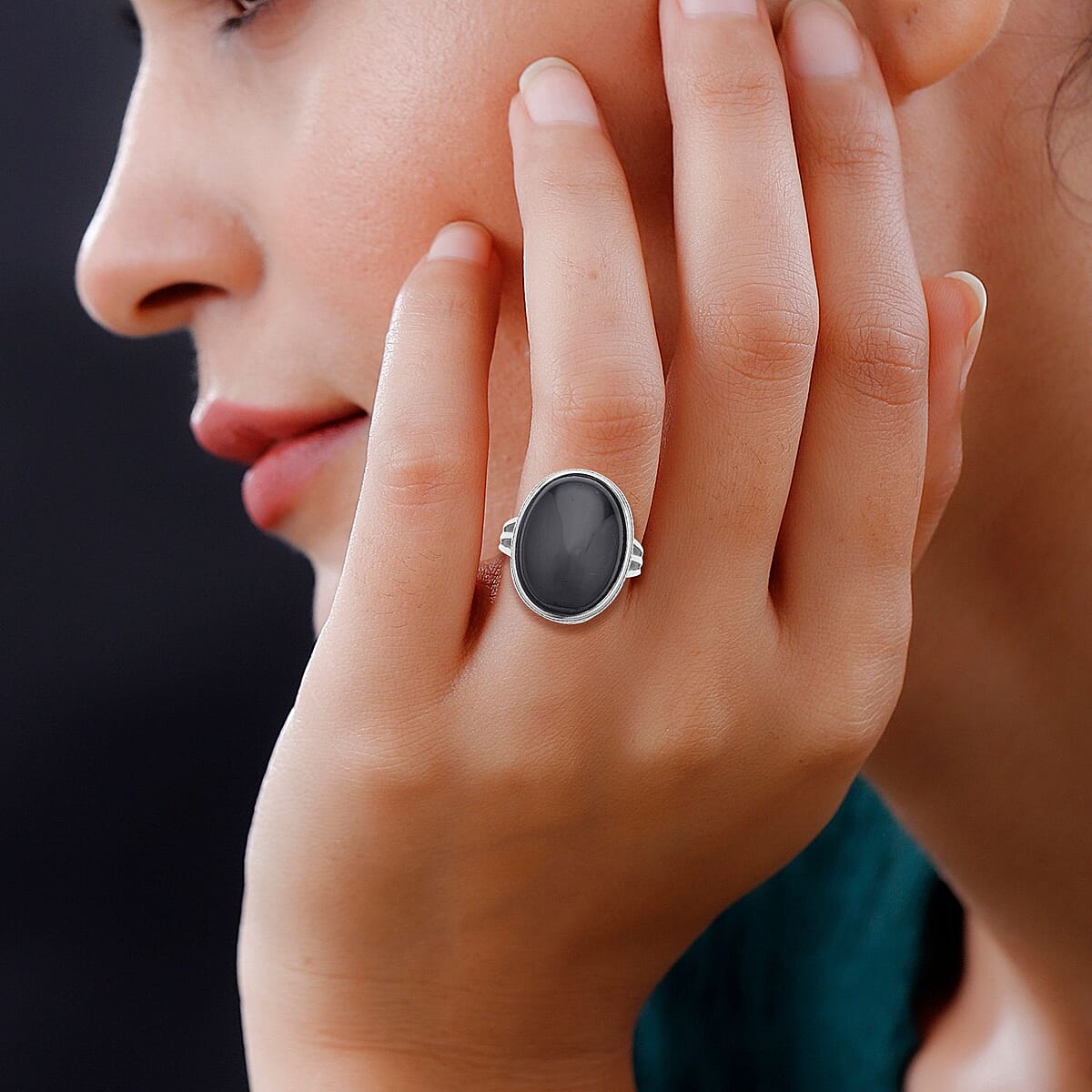 Black Obsidian Solitaire Ring in Stainless Steel (Size 7.0) 25.00 ctw , Tarnish-Free, Waterproof, Sweat Proof Jewelry image number 2