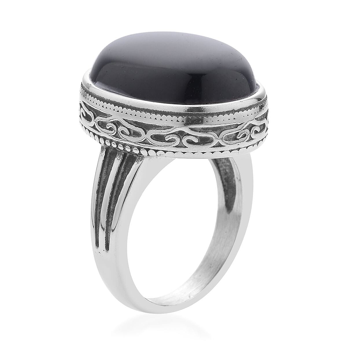 Black Obsidian Solitaire Ring in Stainless Steel (Size 7.0) 25.00 ctw , Tarnish-Free, Waterproof, Sweat Proof Jewelry image number 3