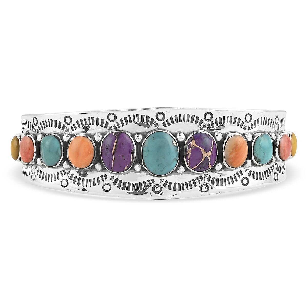 Santa Fe Style Turquoise and Multi Gemstone Cuff Bracelet in Sterling Silver (6.00 In) (24.30 g) 1.75 ctw