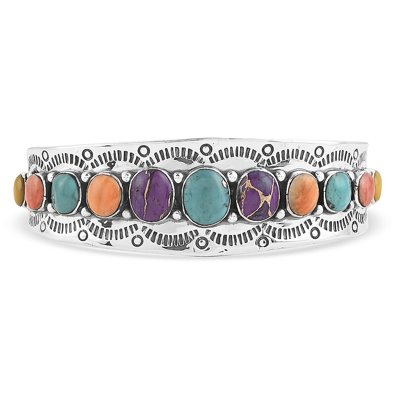 Santa Fe Style Turquoise and Multi Gemstone Cuff Bracelet in Sterling Silver (6.00 In) (24.30 g) 1.75 ctw