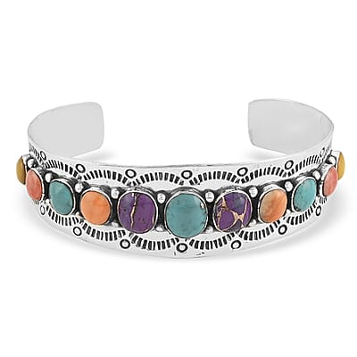 Santa Fe Style Turquoise and Multi Gemstone Cuff Bracelet in Sterling Silver (6.00 In) (24.30 g) 1.75 ctw