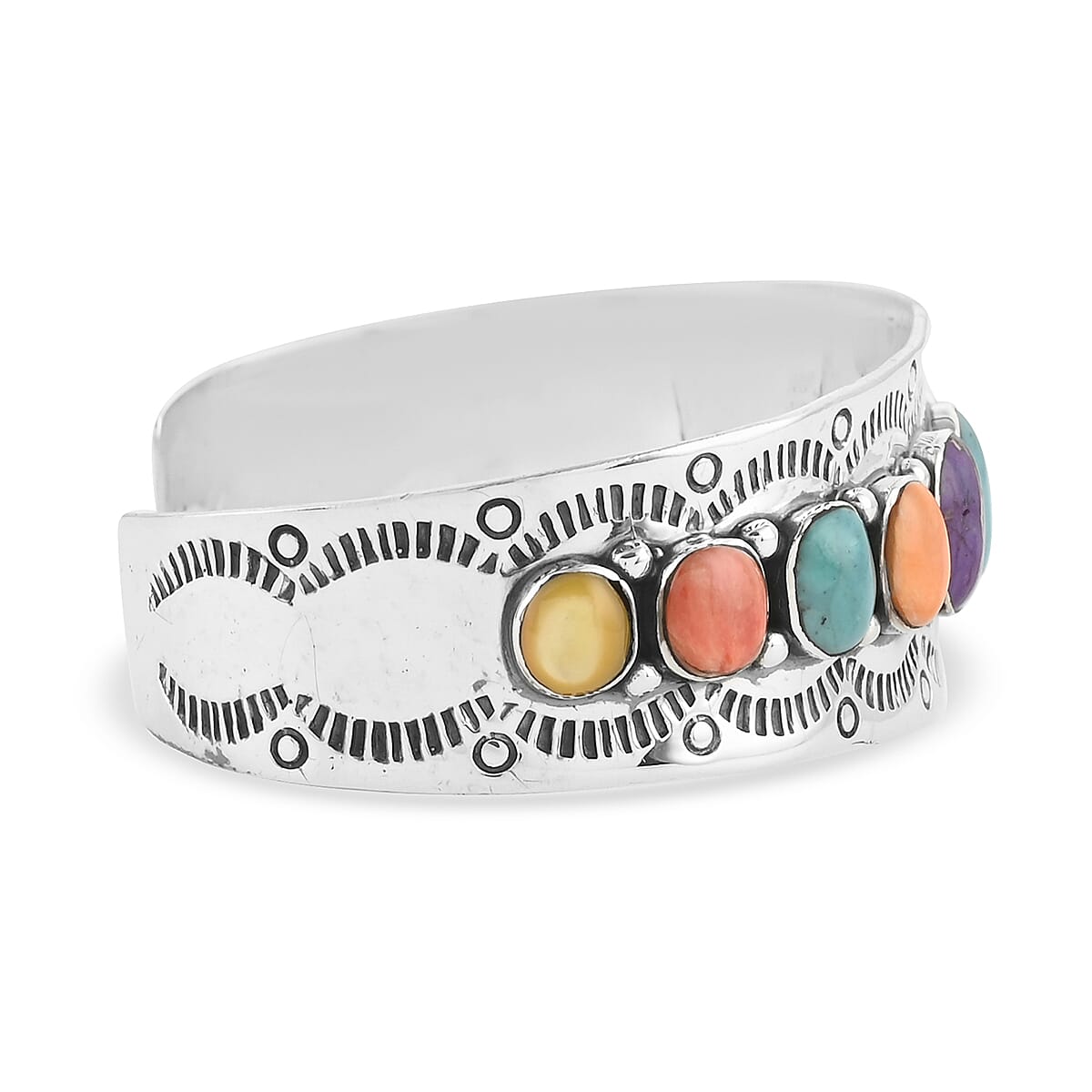 Santa Fe Style Turquoise and Multi Gemstone Cuff Bracelet in Sterling Silver (6.00 In) (24.30 g) 1.75 ctw