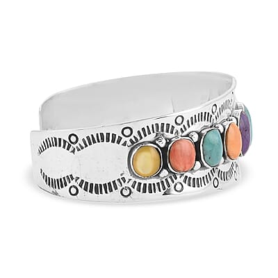 Santa Fe Style Turquoise and Multi Gemstone Cuff Bracelet in Sterling Silver (6.00 In) (24.30 g) 1.75 ctw