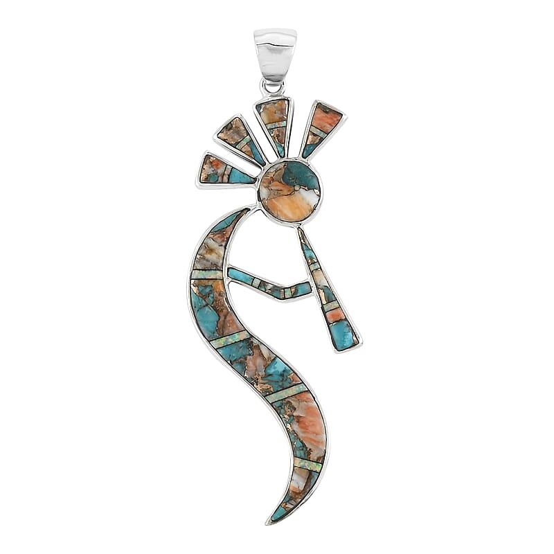 Santa Fe Style Spiny Turquoise and Lab Created Opal Pendant in Sterling Silver 12.10 Grams 2.25 ctw