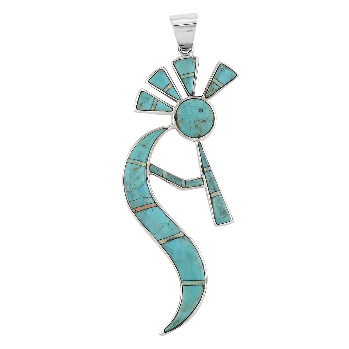 Santa Fe Style Turquoise and Mother Of Pearl Kokopelli Pendant in Sterling Silver 10.40 Grams 4.50 ctw image number 0