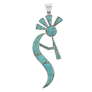 Santa Fe Style Turquoise and Mother Of Pearl Kokopelli Pendant without Chain in Sterling Silver 10.40 Grams 4.50 ctw