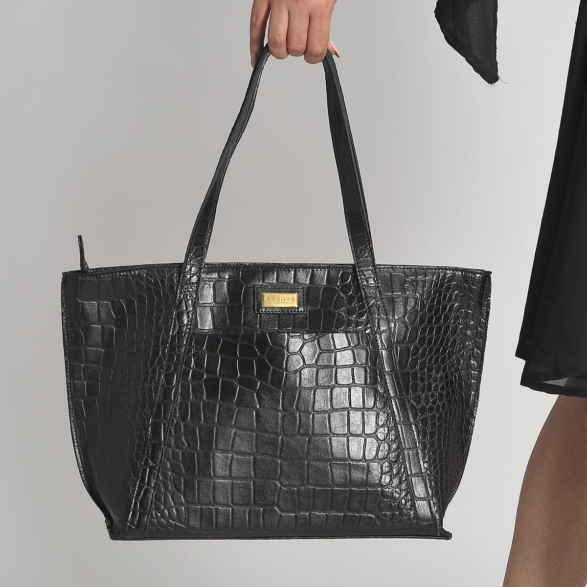Assots London Black Genuine Leather Croco Embossed Tote Bag image number 1