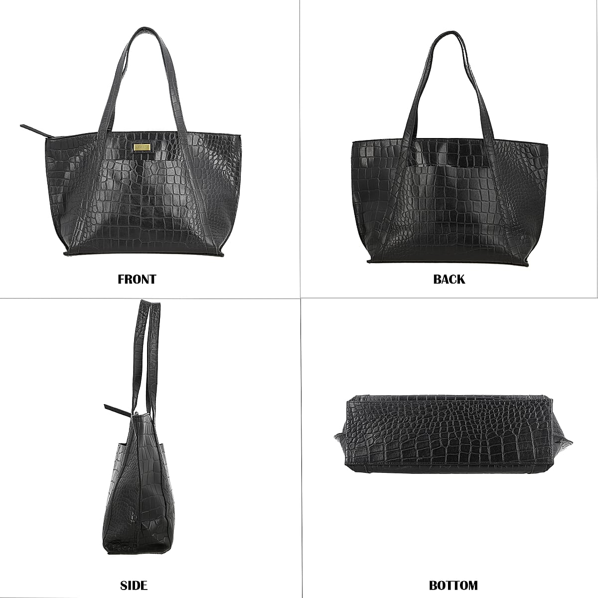 Assots London Black Genuine Leather Croco Embossed Tote Bag image number 3
