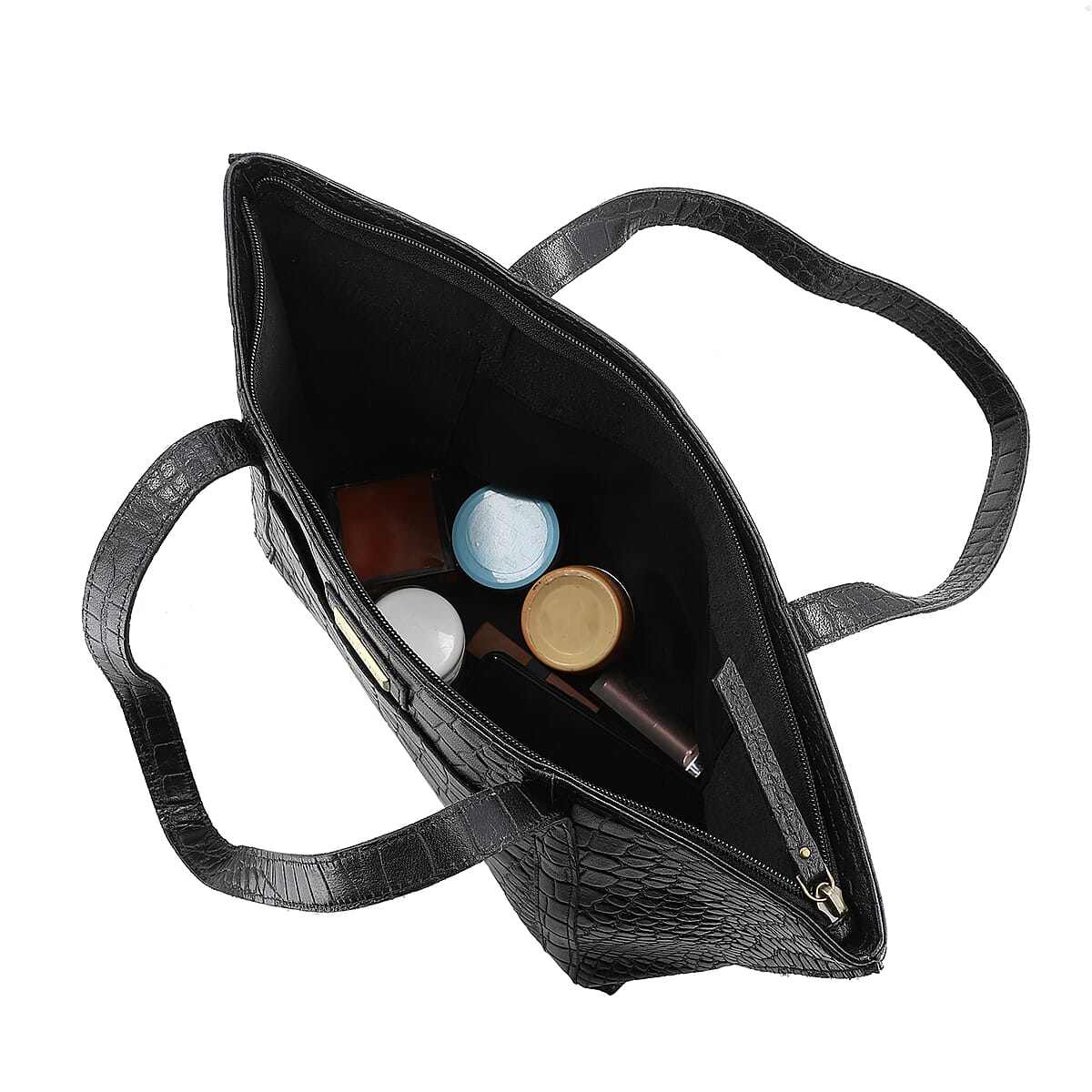 Assots London Black Genuine Leather Croco Embossed Tote Bag image number 4