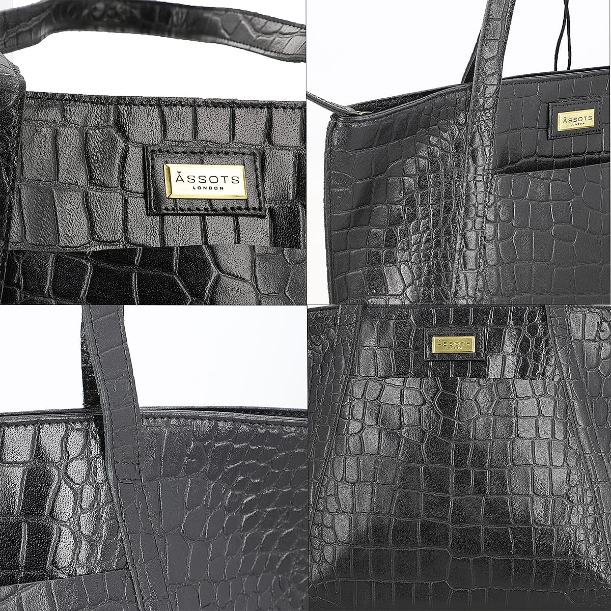 Assots London Black Genuine Leather Croco Embossed Tote Bag image number 5