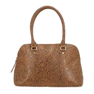 Assots London Tan Genuine Leather Floral Embossed Satchel Shoulder Bag , Convertible Zip Shoulder Bag , Vintage Shoulder Bags , Classic Side Shoulder Bag