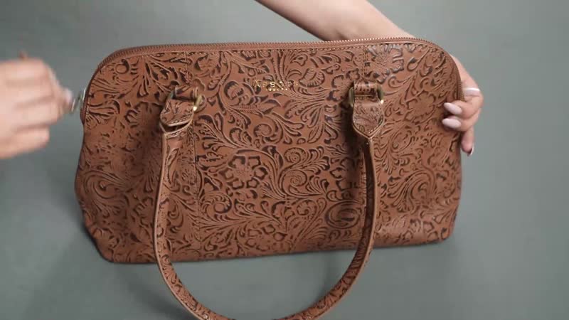 100% Genuine Leather floral embossed Satchel Shoulder Bag  Color:Black  14L X 9.5H X 4.75W Inch