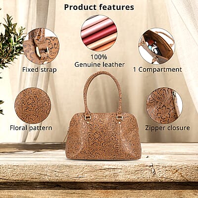 Assots London Tan Genuine Leather Floral Embossed Satchel Shoulder Bag , Convertible Zip Shoulder Bag , Vintage Shoulder Bags , Classic Side Shoulder Bag