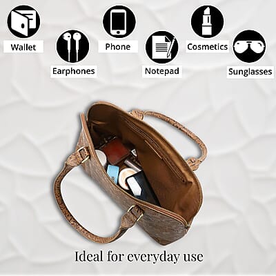 Assots London Tan Genuine Leather Floral Embossed Satchel Shoulder Bag , Convertible Zip Shoulder Bag , Vintage Shoulder Bags , Classic Side Shoulder Bag