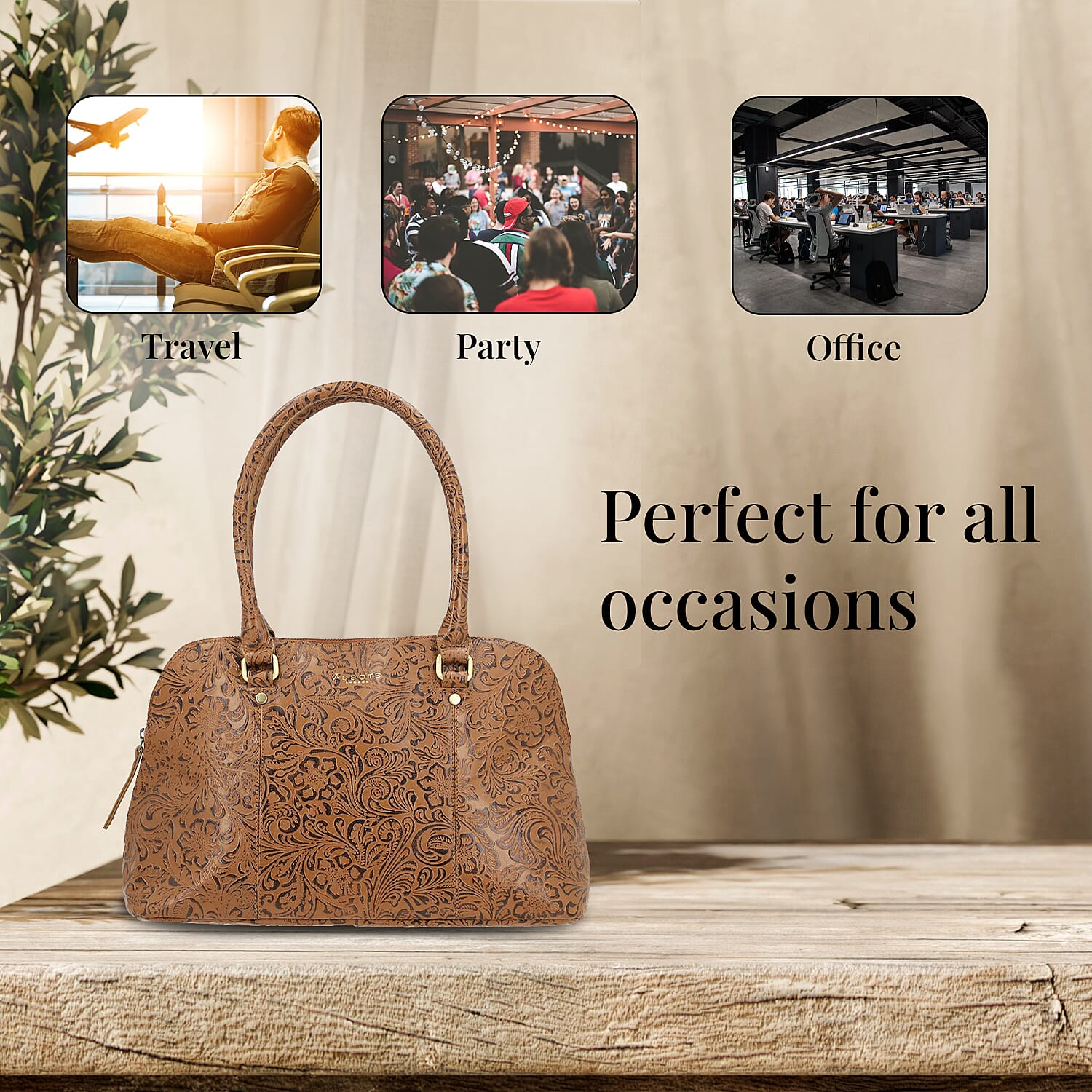 Assots London Tan Genuine Leather Floral Embossed Satchel Shoulder Bag , Convertible Zip Shoulder Bag , Vintage Shoulder Bags , Classic Side Shoulder Bag