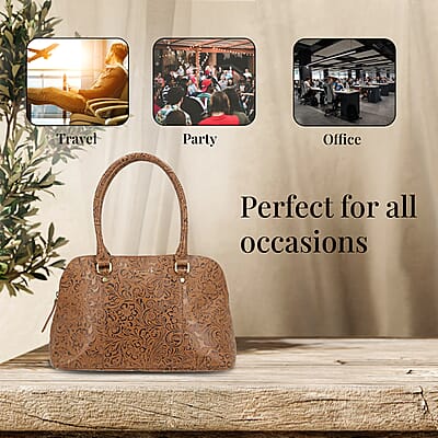 Assots London Tan Genuine Leather Floral Embossed Satchel Shoulder Bag , Convertible Zip Shoulder Bag , Vintage Shoulder Bags , Classic Side Shoulder Bag