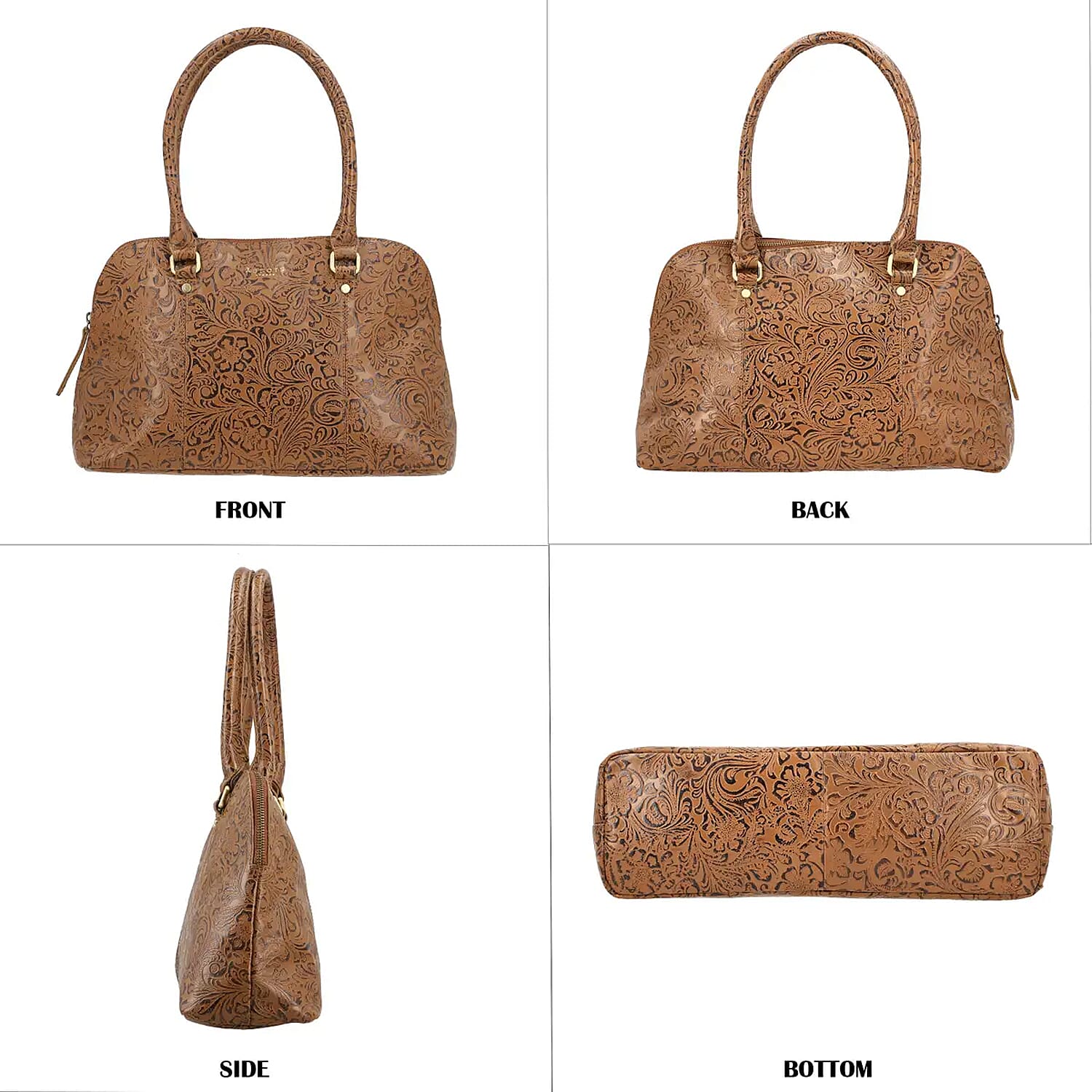 Assots London Tan Genuine Leather Floral Embossed Satchel Shoulder Bag , Convertible Zip Shoulder Bag , Vintage Shoulder Bags , Classic Side Shoulder Bag