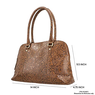 Assots London Tan Genuine Leather Floral Embossed Satchel Shoulder Bag , Convertible Zip Shoulder Bag , Vintage Shoulder Bags , Classic Side Shoulder Bag