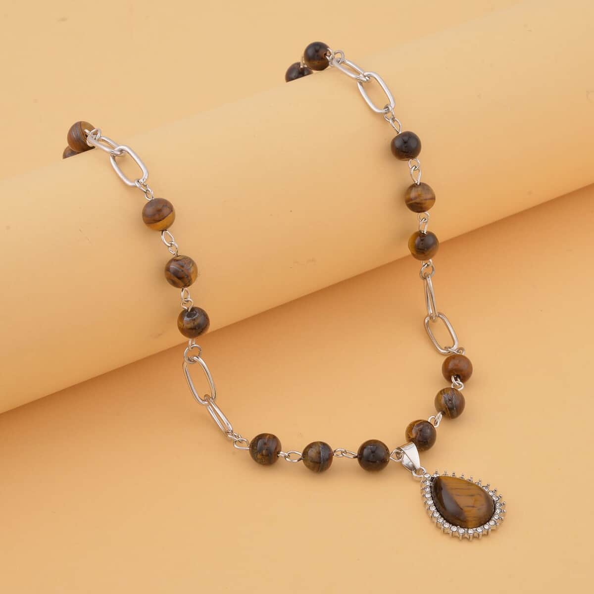 Yellow Tiger's Eye and Austrian Crystal Paper Clip Chain Necklace 18-20 Inches in Silvertone 83.00 ctw image number 1