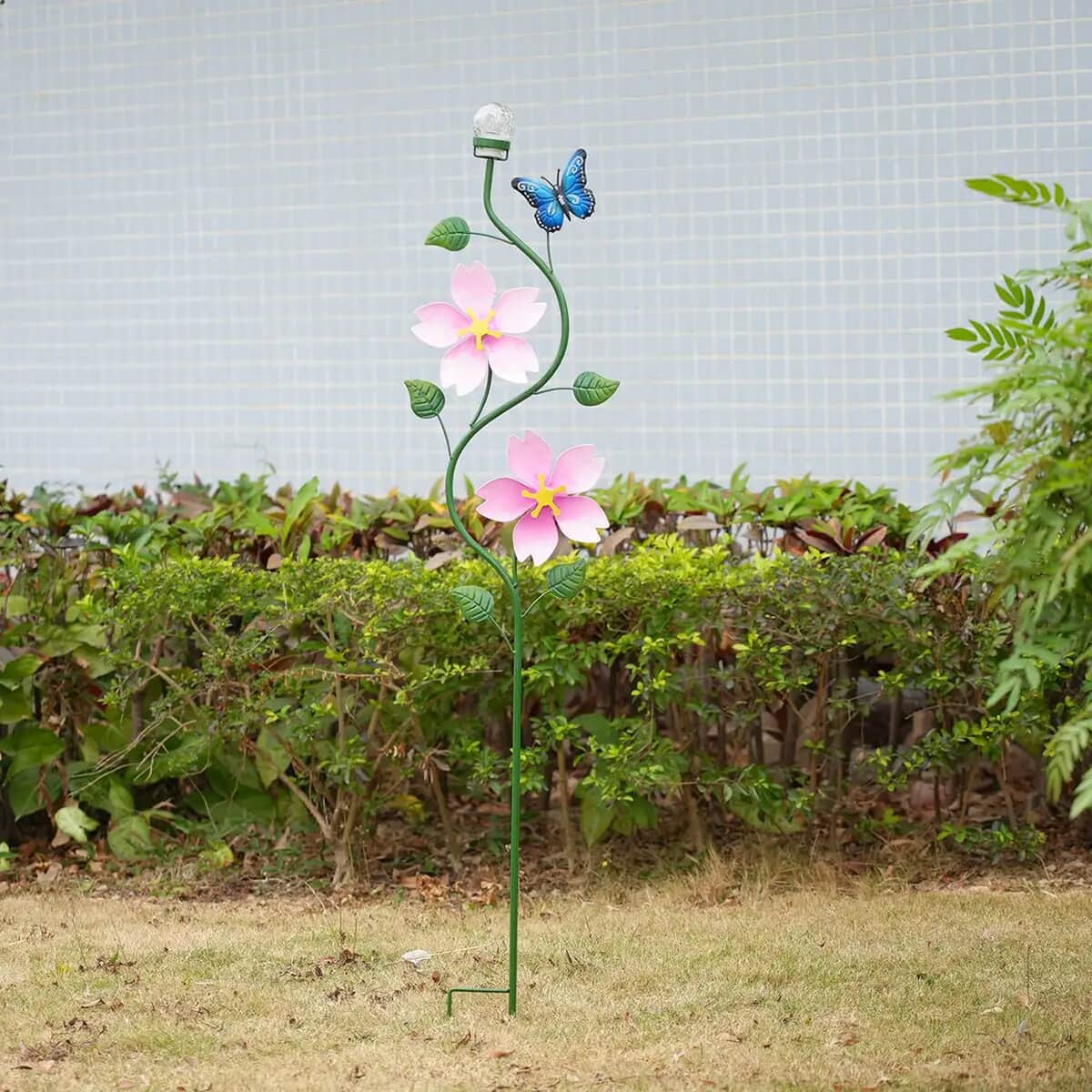Pink Solar Metal Butterfly and Flower with Double Wind Spinner Stake, Modern Wester Garden Decor, Vintage Flower Garden Decor, Fun Garden Decorations image number 1