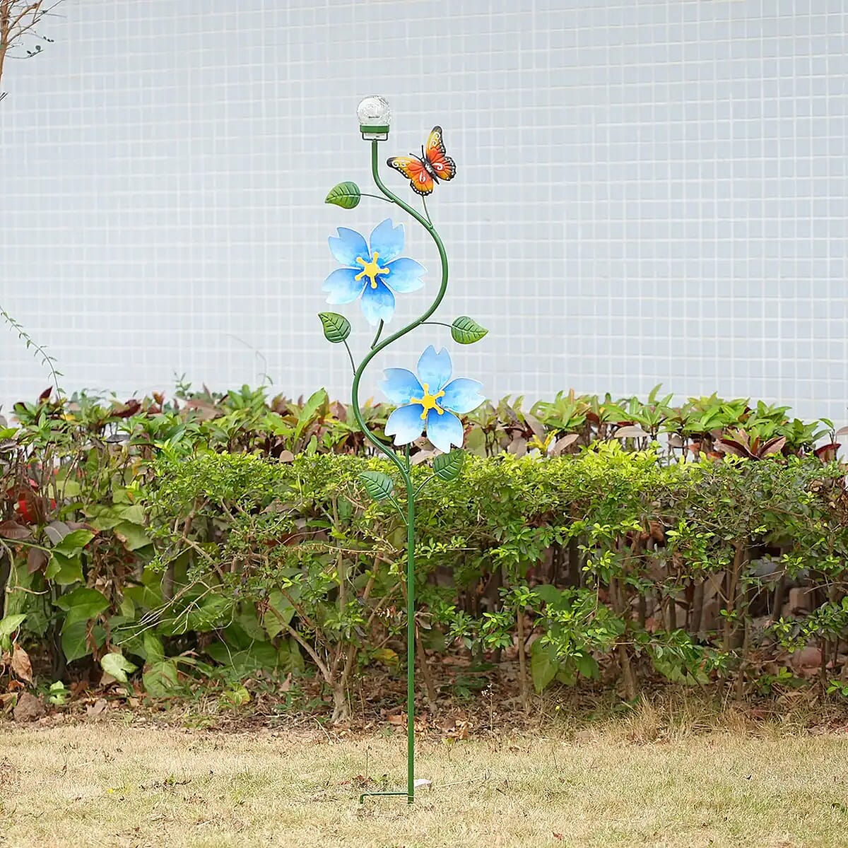 Blue Solar Metal Butterfly and Flower with Double Wind Spinner Stake, Modern Wester Garden Decor, Vintage Flower Garden Decor, Fun Garden Decorations image number 1