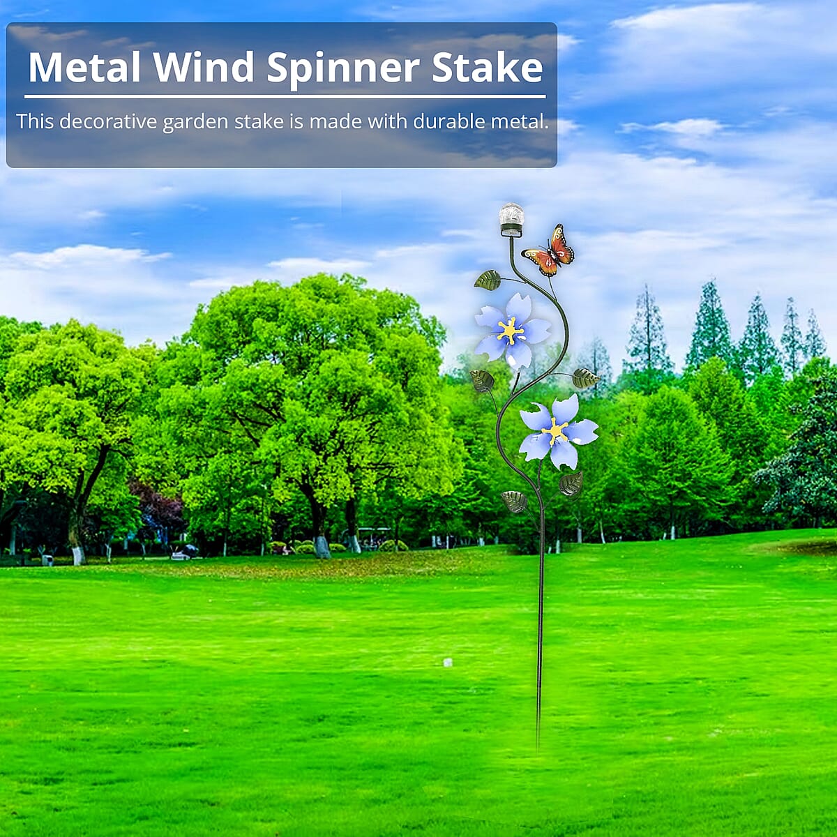 Blue Solar Metal Butterfly and Flower with Double Wind Spinner Stake, Modern Wester Garden Decor, Vintage Flower Garden Decor, Fun Garden Decorations image number 2