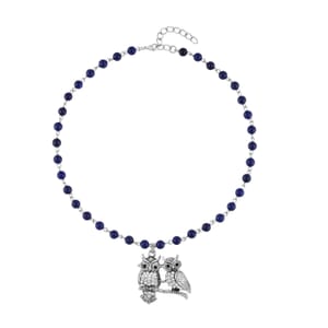 Lapis Lazuli, White and Black Austrian Crystal 90.00 ctw Owl Couple Necklace in Silvertone 18-20 Inches