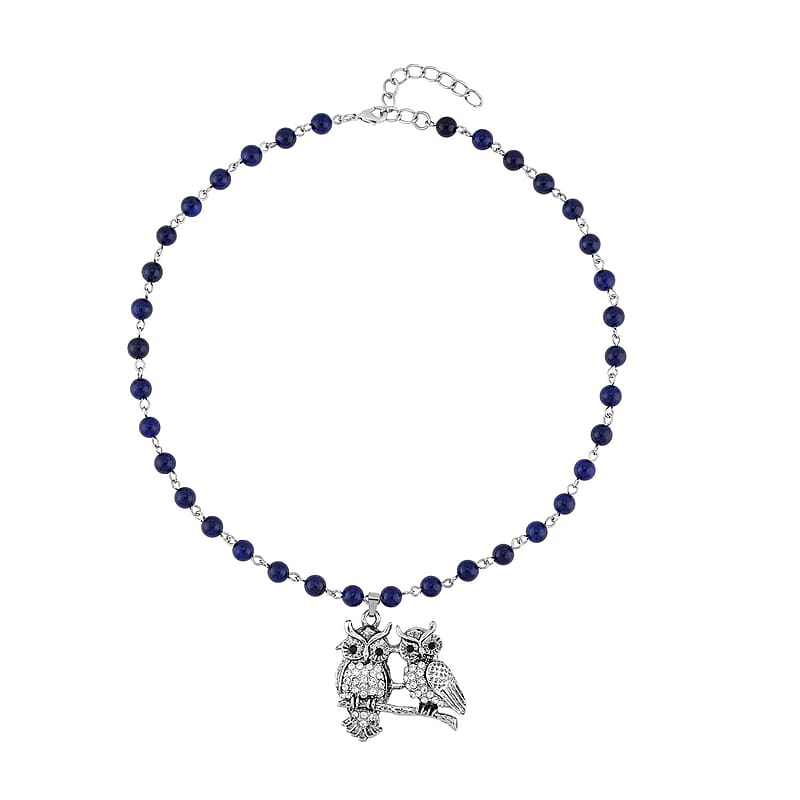 Lapis Lazuli, White and Black Austrian Crystal 90.00 ctw Owl Couple Necklace in Silvertone 18-20 Inches