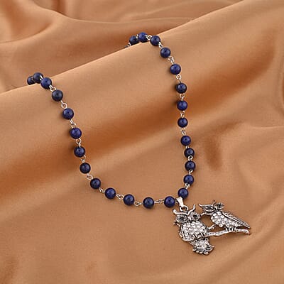 Lapis Lazuli, White and Black Austrian Crystal 90.00 ctw Owl Couple Necklace in Silvertone 18-20 Inches