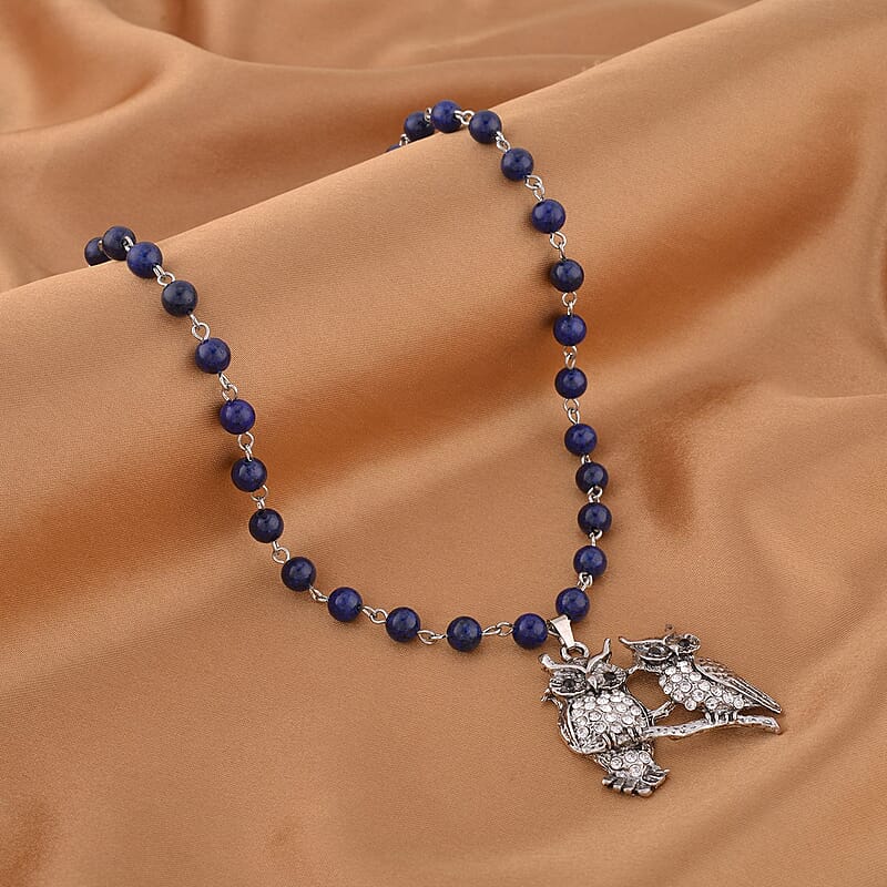 Lapis Lazuli, White and Black Austrian Crystal 90.00 ctw Owl Couple Necklace in Silvertone 18-20 Inches