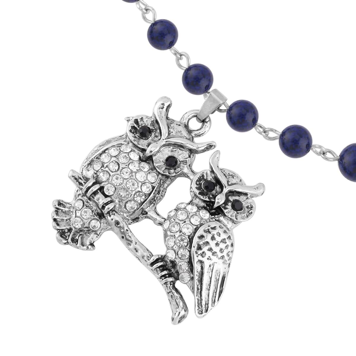 Lapis Lazuli, White and Black Austrian Crystal Owl Couple Necklace 18-20 Inches in Silvertone 90.00 ctw image number 3