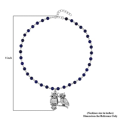 Lapis Lazuli, White and Black Austrian Crystal 90.00 ctw Owl Couple Necklace in Silvertone 18-20 Inches