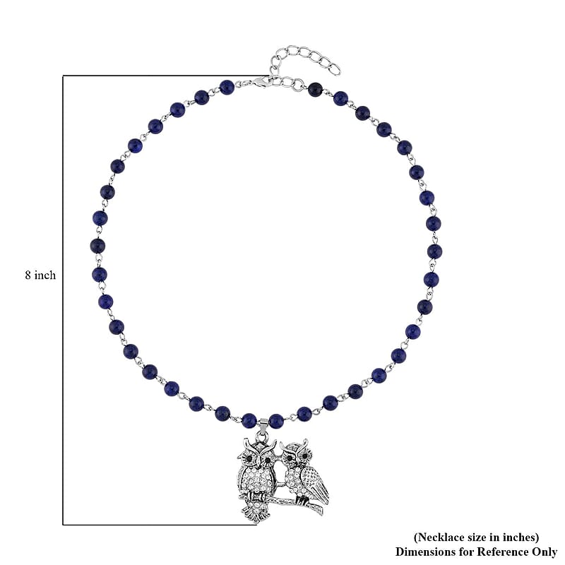 Lapis Lazuli, White and Black Austrian Crystal 90.00 ctw Owl Couple Necklace in Silvertone 18-20 Inches