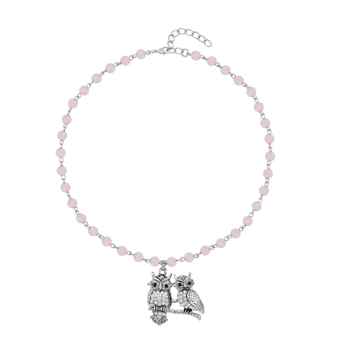 Galilea Rose Quartz, White and Black Austrian Crystal 92.00 ctw Owl Couple Necklace in Silvertone 18-20 Inches image number 0