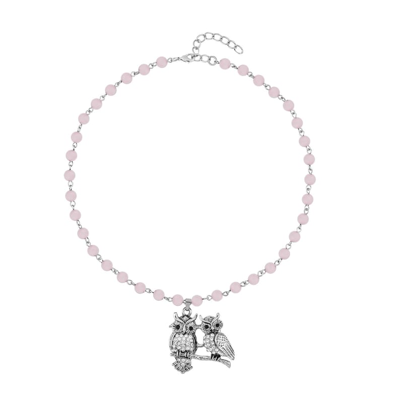 Galilea Rose Quartz, White and Black Austrian Crystal 92.00 ctw Owl Couple Necklace in Silvertone 18-20 Inches