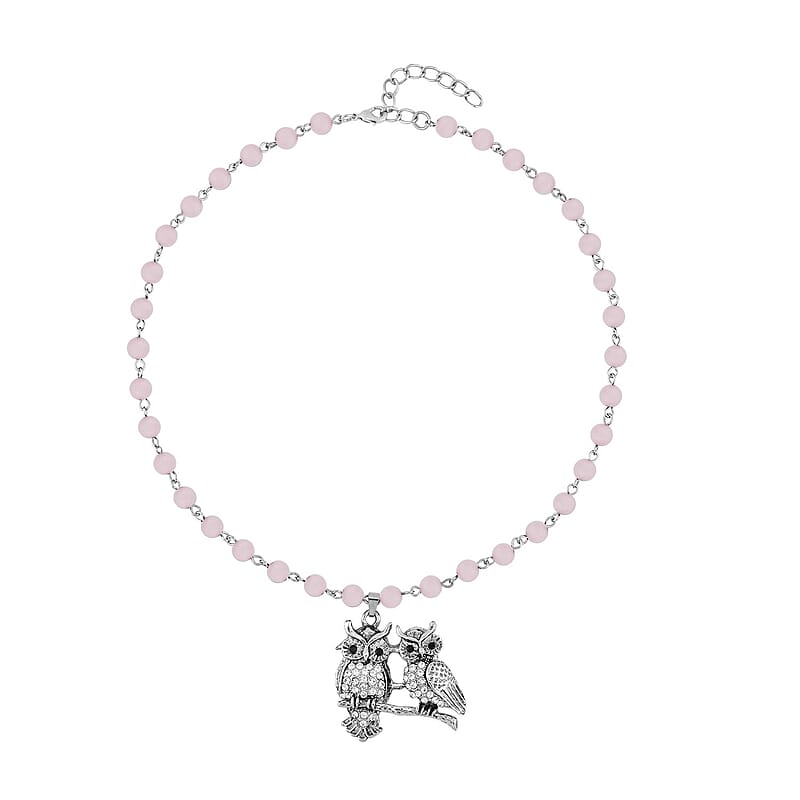 Galilea Rose Quartz, White and Black Austrian Crystal 92.00 ctw Owl Couple Necklace in Silvertone 18-20 Inches