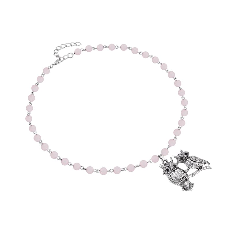 Galilea Rose Quartz, White and Black Austrian Crystal 92.00 ctw Owl Couple Necklace in Silvertone 18-20 Inches