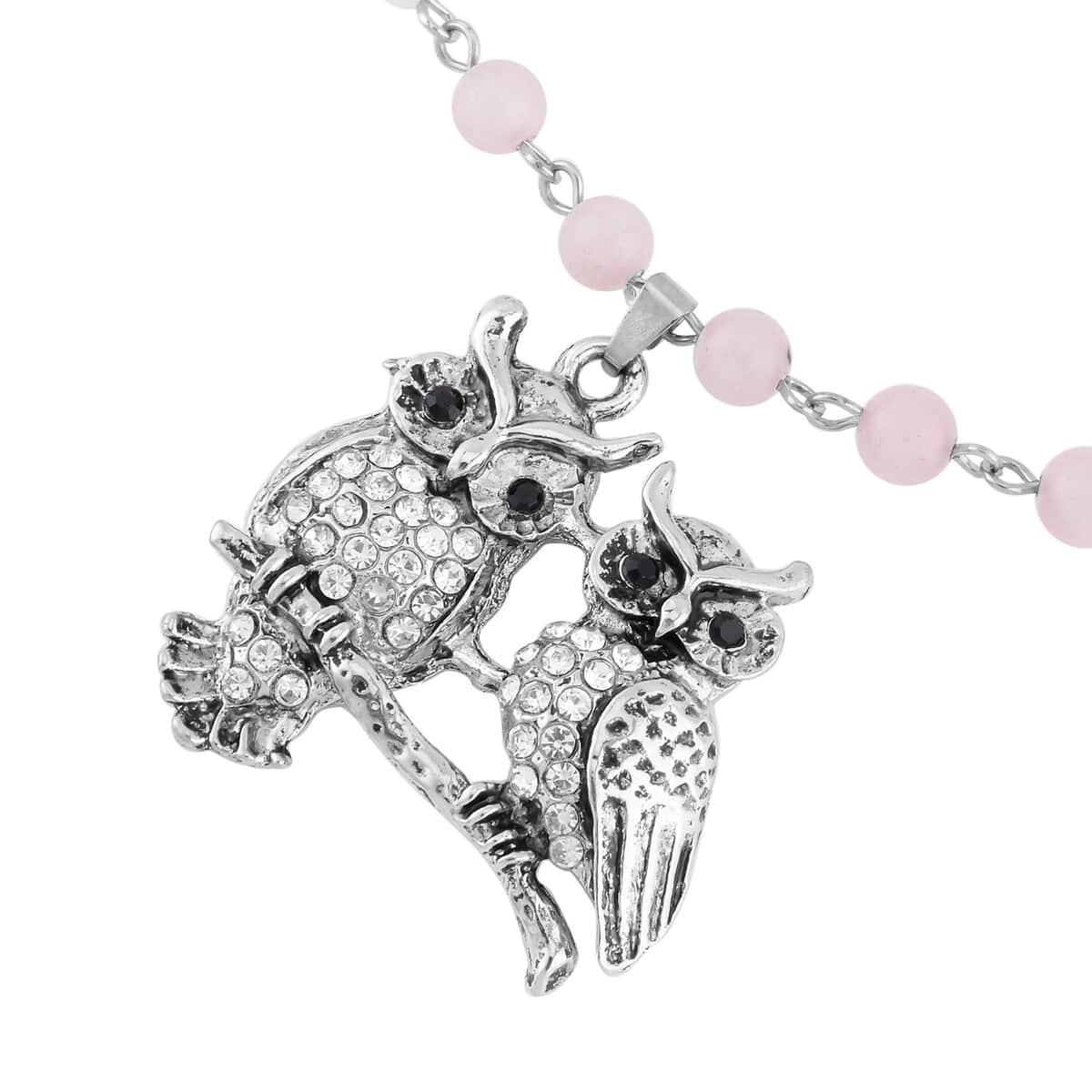 Galilea Rose Quartz, White and Black Austrian Crystal 92.00 ctw Owl Couple Necklace in Silvertone 18-20 Inches image number 3