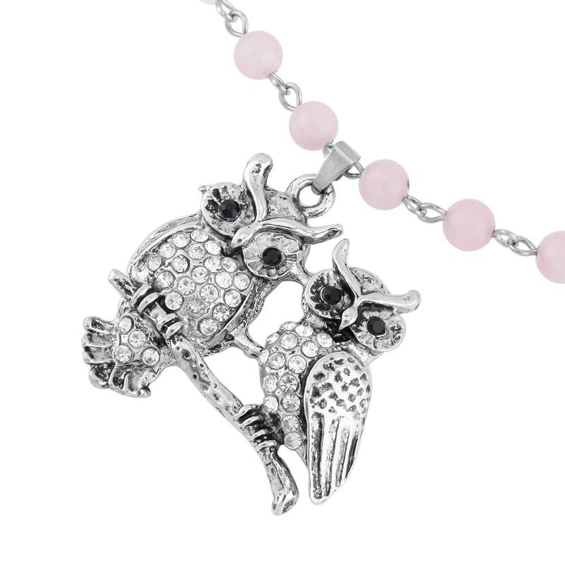 Galilea Rose Quartz, White and Black Austrian Crystal 92.00 ctw Owl Couple Necklace in Silvertone 18-20 Inches