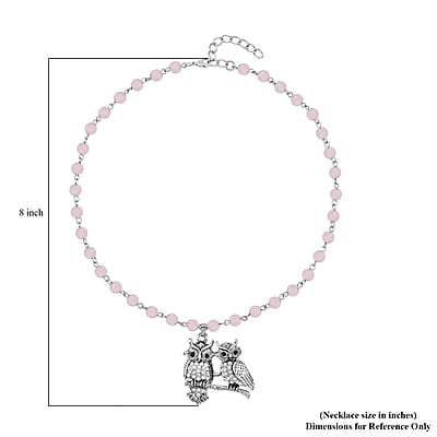 Galilea Rose Quartz, White and Black Austrian Crystal 92.00 ctw Owl Couple Necklace in Silvertone 18-20 Inches