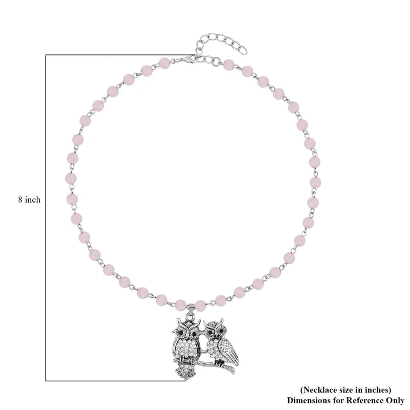 Galilea Rose Quartz, White and Black Austrian Crystal 92.00 ctw Owl Couple Necklace in Silvertone 18-20 Inches
