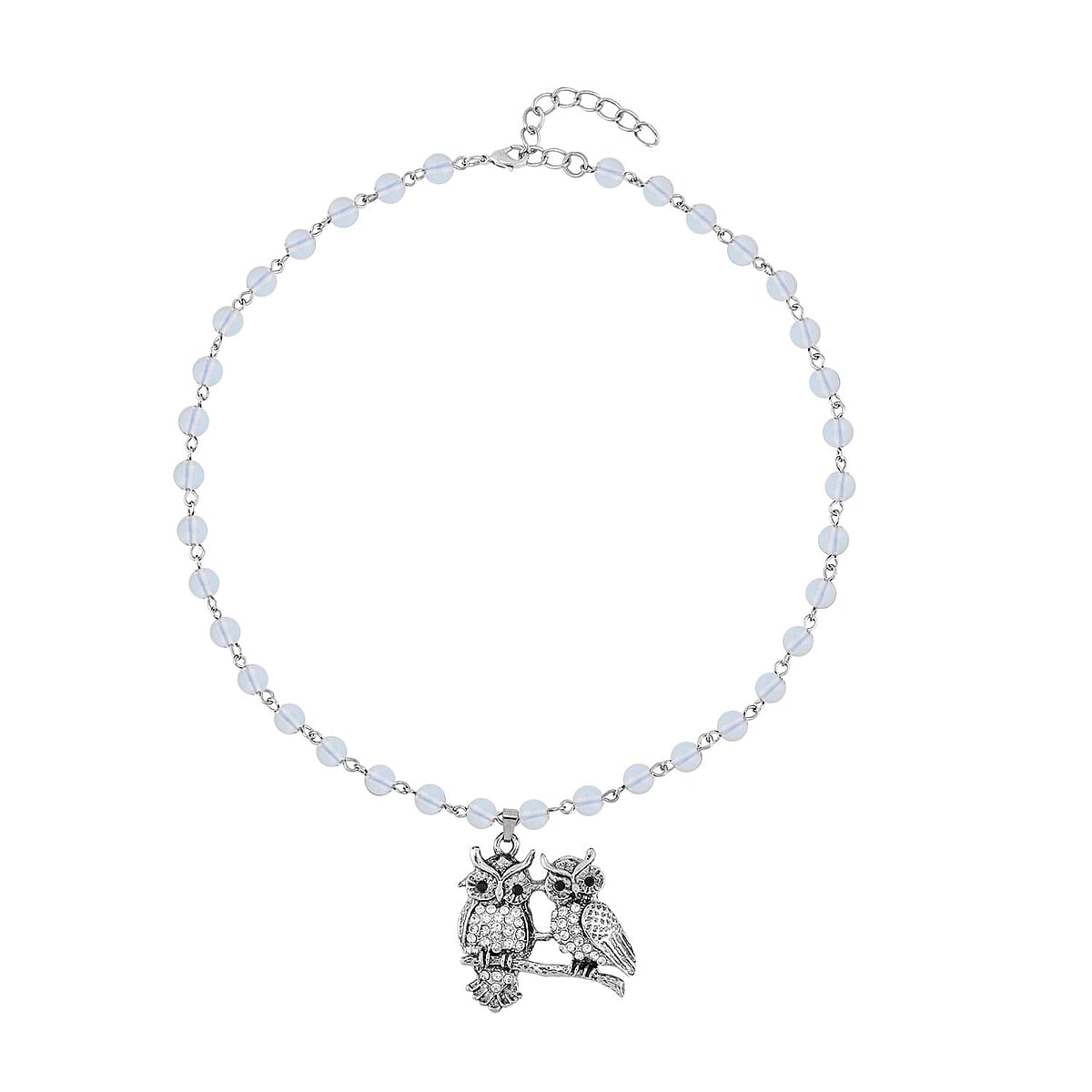 Opalite, White and Black Austrian Crystal 80.00 ctw Owl Couple Necklace in Silvertone 18-20 Inches image number 0