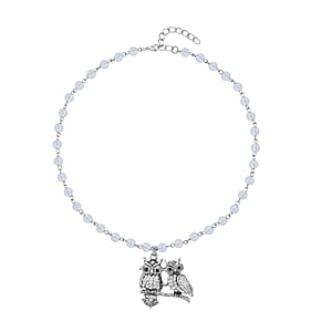 Opalite, White and Black Austrian Crystal 80.00 ctw Owl Couple Necklace in Silvertone 18-20 Inches