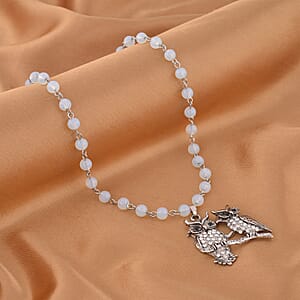 Opalite, White and Black Austrian Crystal 80.00 ctw Owl Couple Necklace in Silvertone 18-20 Inches