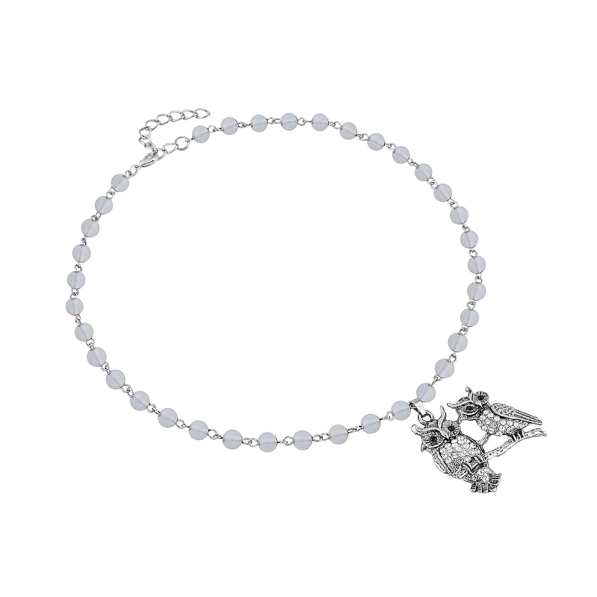 Opalite, White and Black Austrian Crystal 80.00 ctw Owl Couple Necklace in Silvertone 18-20 Inches image number 2