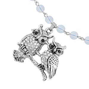 Opalite, White and Black Austrian Crystal 80.00 ctw Owl Couple Necklace in Silvertone 18-20 Inches