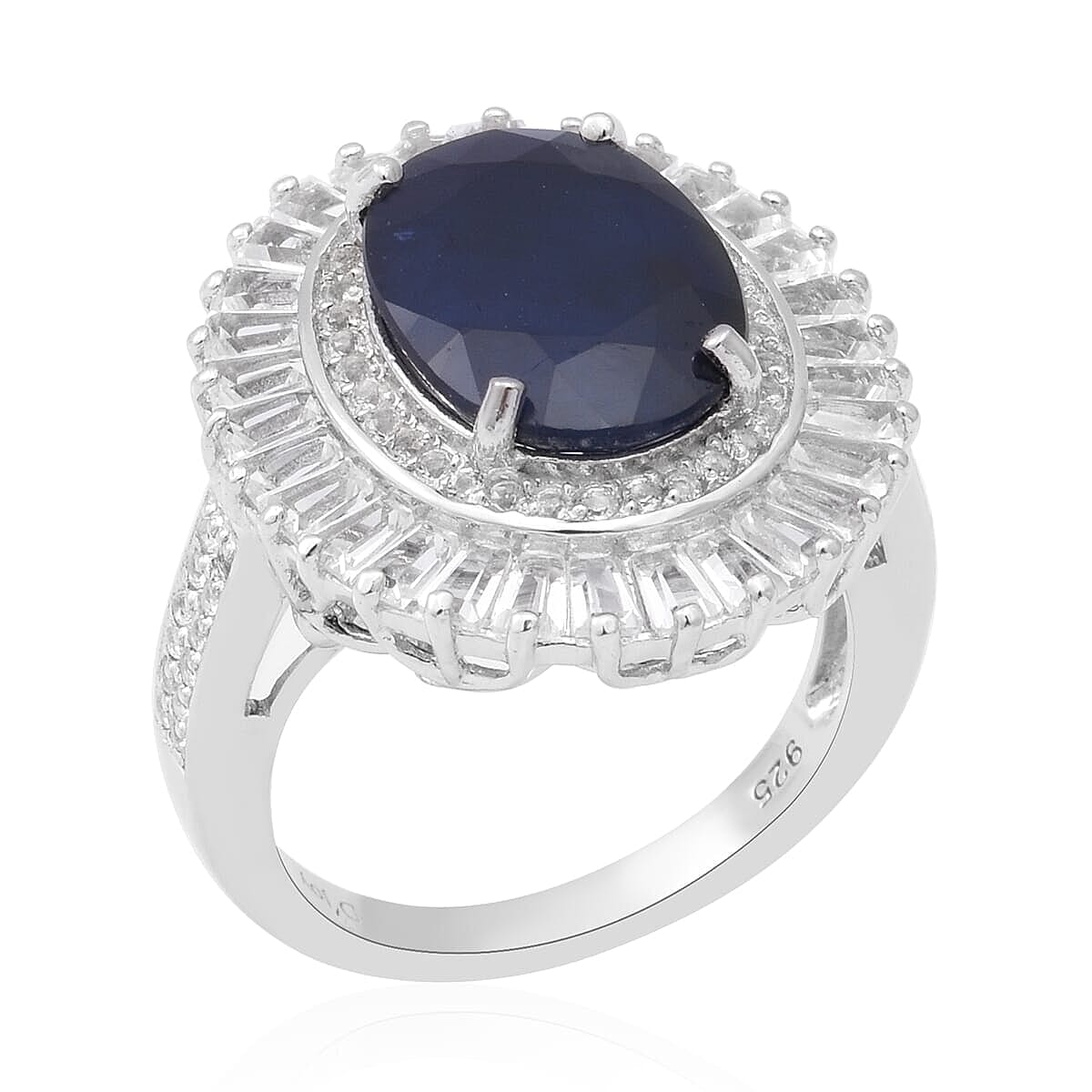 Madagascar Blue Sapphire and White Topaz Cocktail Ring in Platinum Over Sterling Silver (Size 10.0) 7.25 Grams 10.85 ctw