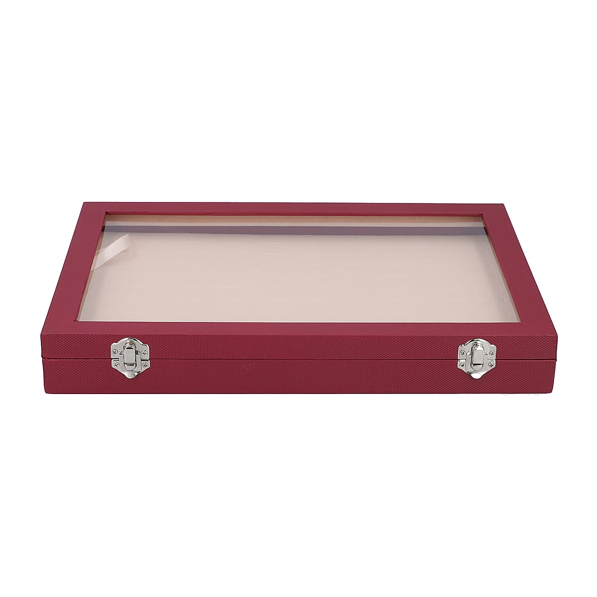 Wine Red Leatherette Paper 100 Slot Ring Box with Anti Tarnish Lining & Latch Clasp image number 1