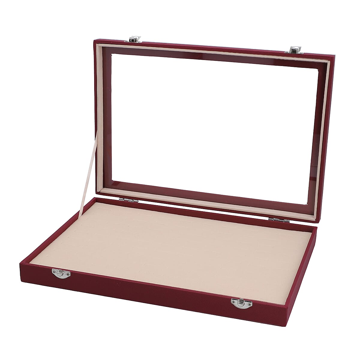 Wine Red Leatherette Paper 100 Slot Ring Box with Anti Tarnish Lining & Latch Clasp image number 4
